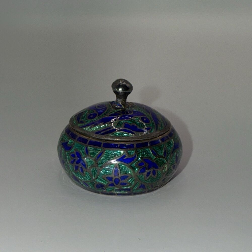 Vintage Pill Lidded Trinket Box Cloisonné Blue Green Read